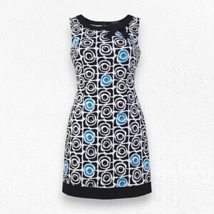 Y2K Tahari Arthur S Levine Black White Blue Geometric Floral Sheath Dress Size 6